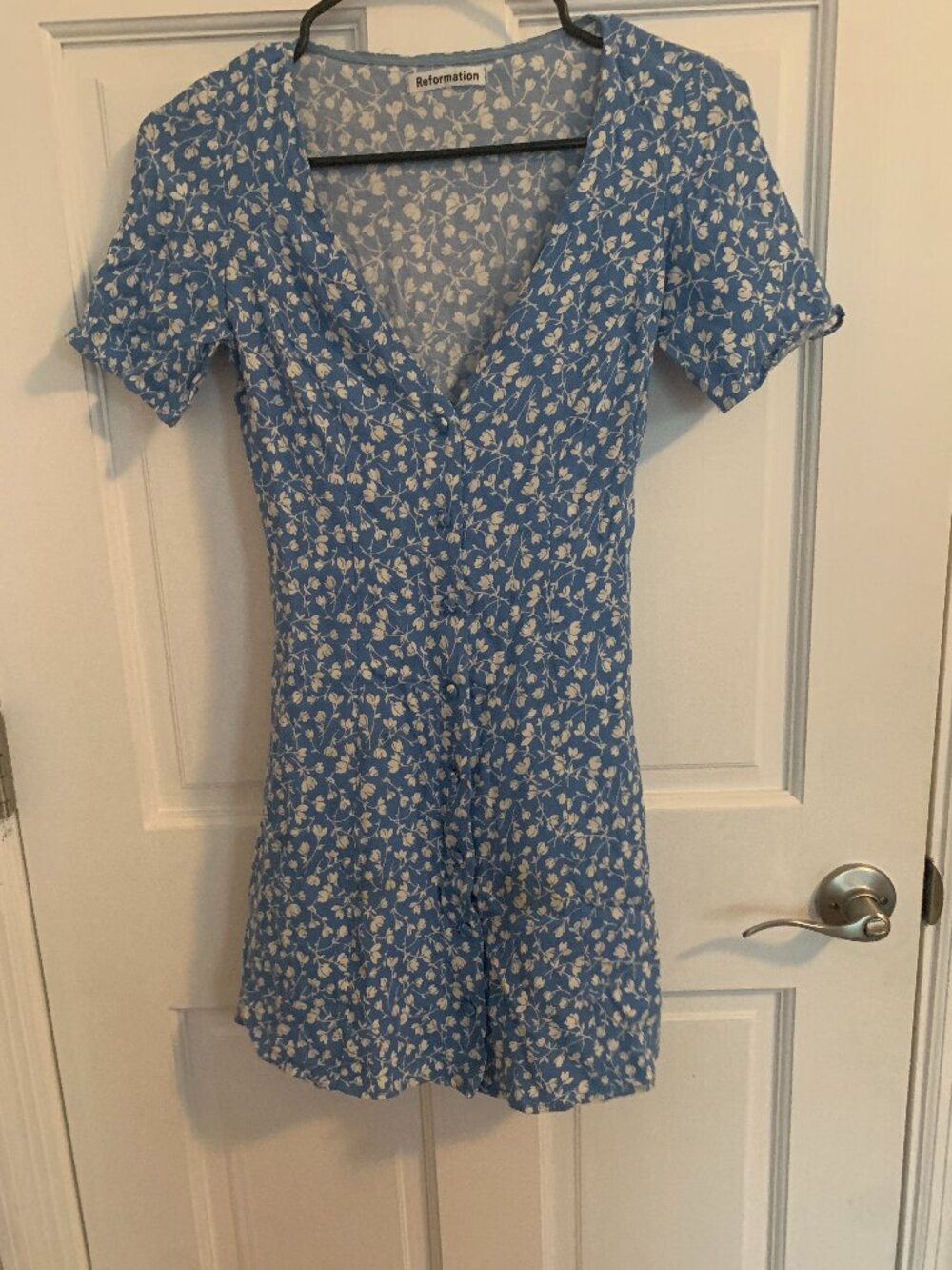 Reformation Button up Blue and White Floral Mini Dress, Size 2